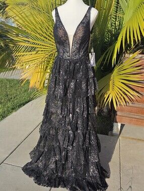 JVN by Jovani Black Sequin Plunging V-Neck Tiered Ruffle Gown